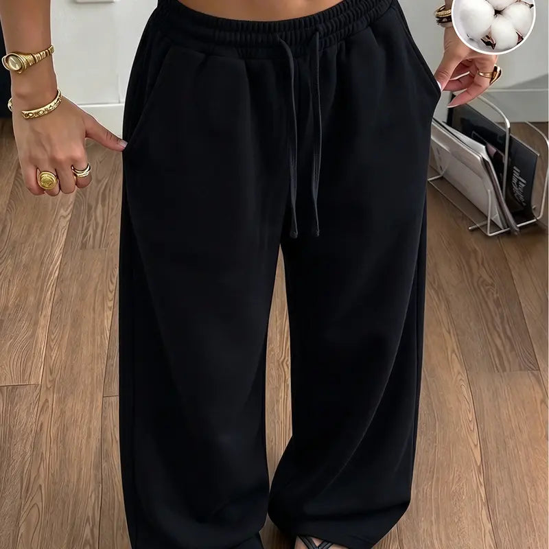 Women's Cotton-Blend Wide-Leg Sweatpants with Elastic Waistband, Drawstring, and Pockets - Soft and Comfortable for Home, Errands, and Everyday Wear in Autumn and Winter