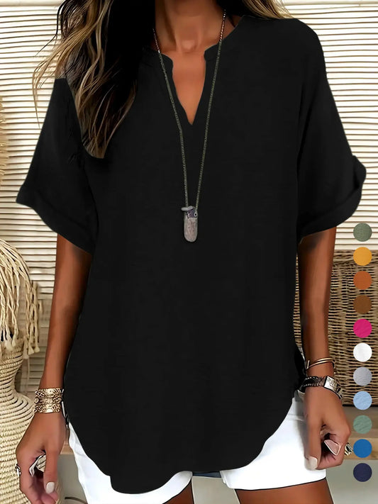【Black Friday】Elegant Minimalist Polyester V Neck Loose Fit Short Sleeve Blouse for Women, 100% Polyester, Regular Length, Casual Everyday Weekend Top #GLOBAL PICKS