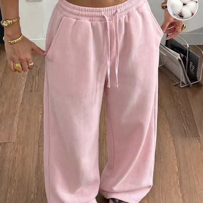Women's Cotton-Blend Wide-Leg Sweatpants with Elastic Waistband, Drawstring, and Pockets - Soft and Comfortable for Home, Errands, and Everyday Wear in Autumn and Winter